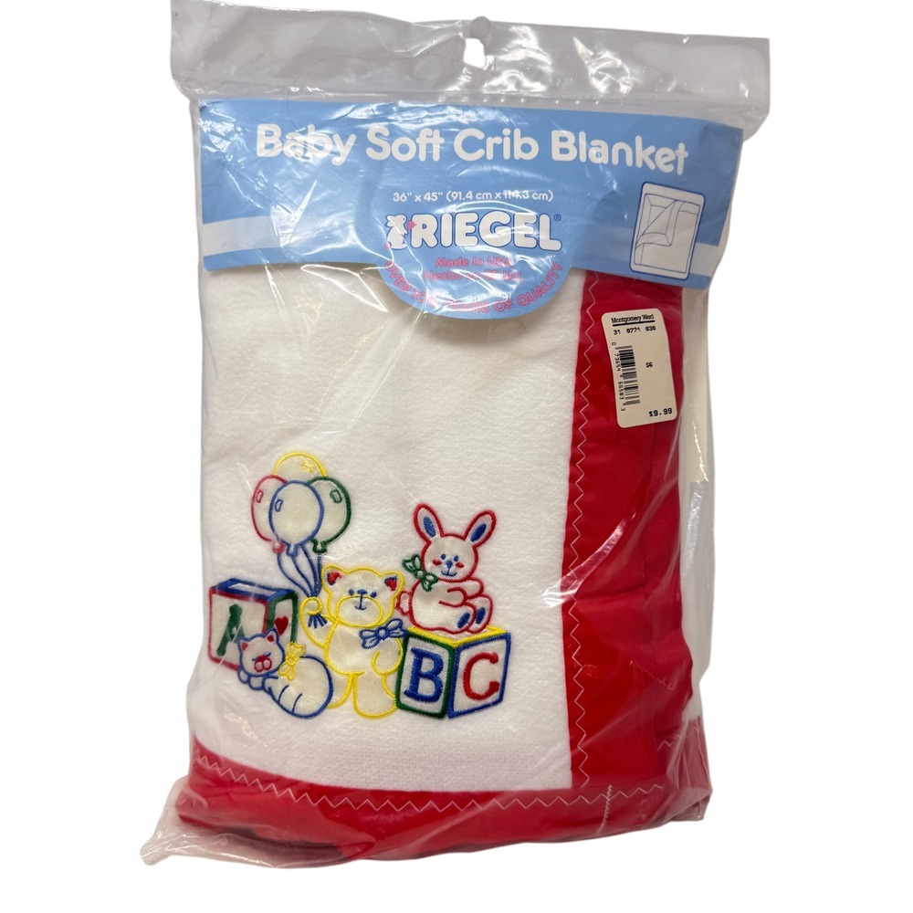 Riegel Crib Blanket Kids 36x45 White Red NEW Vintage Embroidered ABC Animals